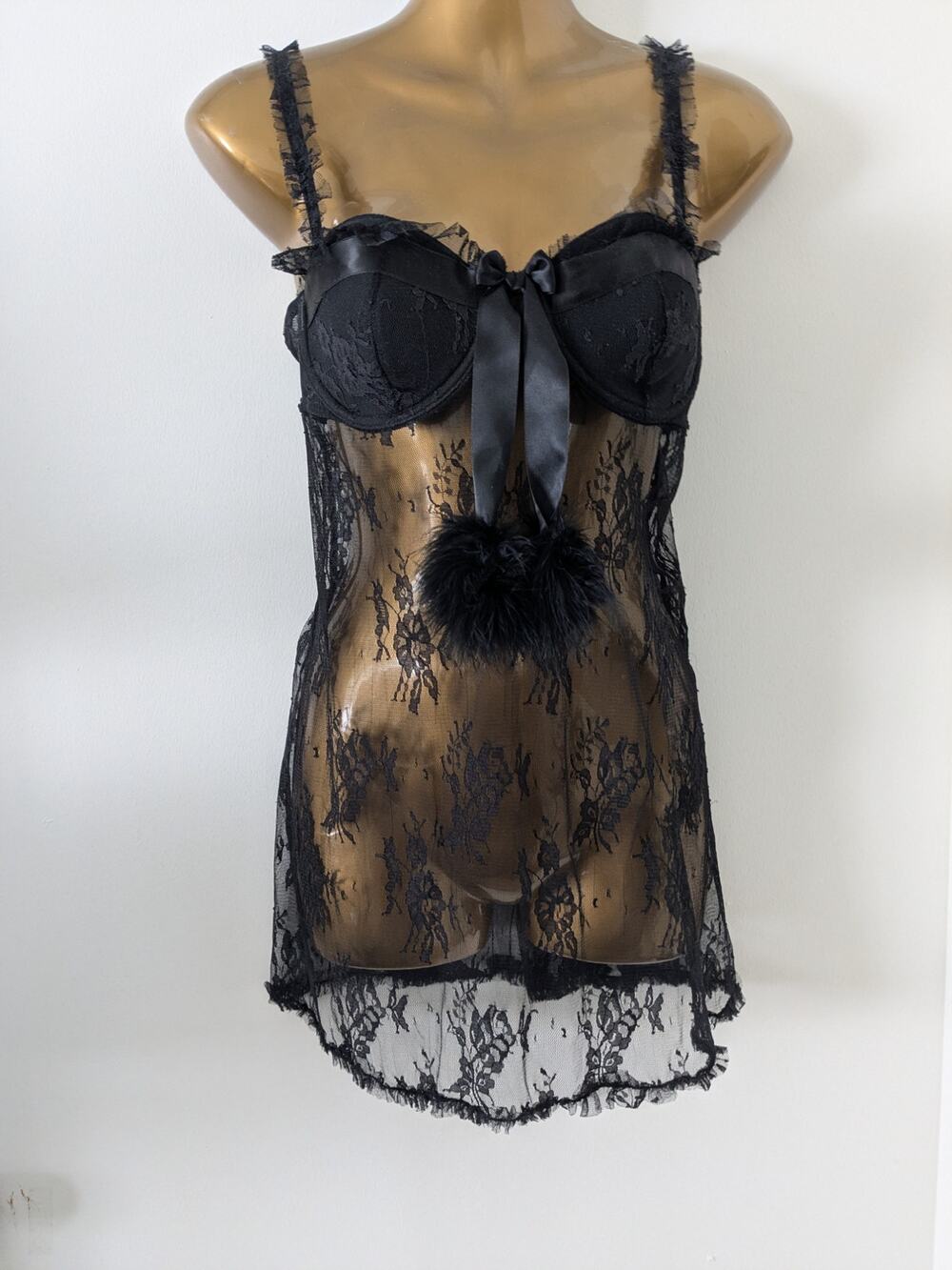 Ambrielle Sz M Black Lace Nightie Padded Bra Cups